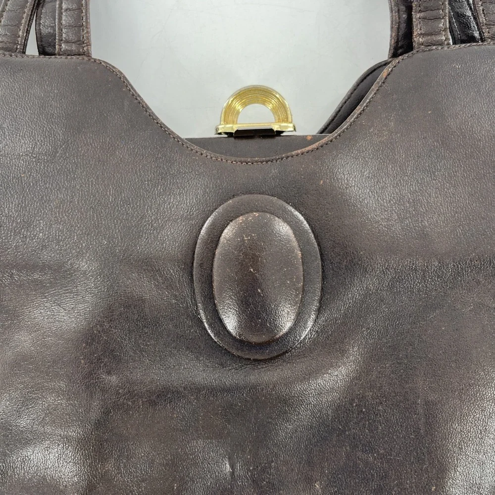 Vintage Mid Century‎ Modern Lou Taylor Leather Satchel Shoulder Brown Bag Mirror